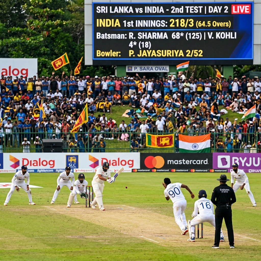 Cricket match with scoreboard reading Sri Lanka vs India, India 218/3 after 64.5 overs.